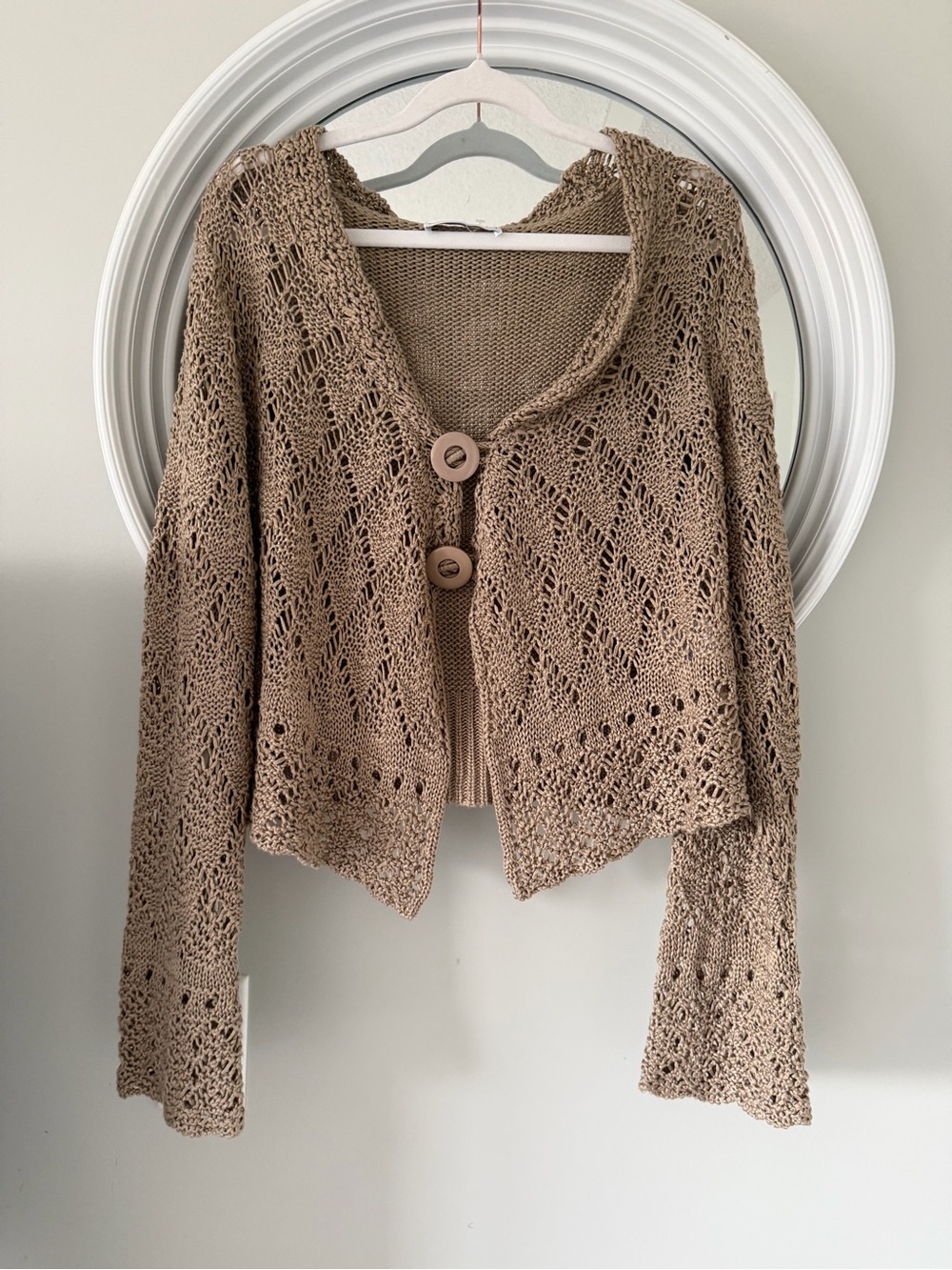 Beige Crochet Knit Button-Front Women's Sweater Cardigan